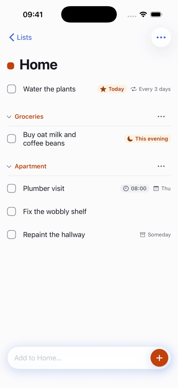 A list called Home with headings for Groceries and Apartment.