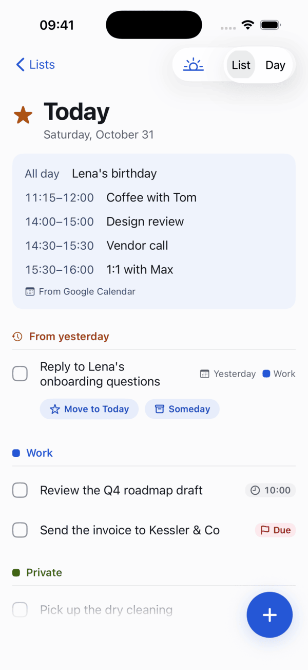 Today screen: meetings from the calendar, leftovers from yesterday, then to-dos by list.