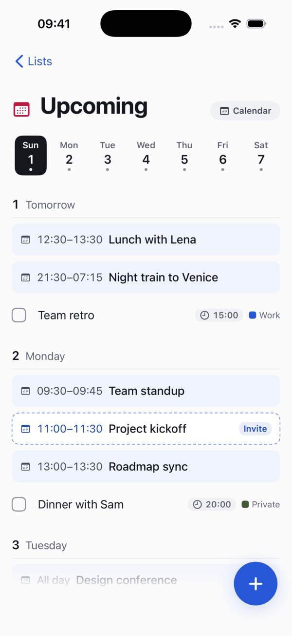 Dayslot's Upcoming screen: a week strip and the coming days with events, an invite and a time block.